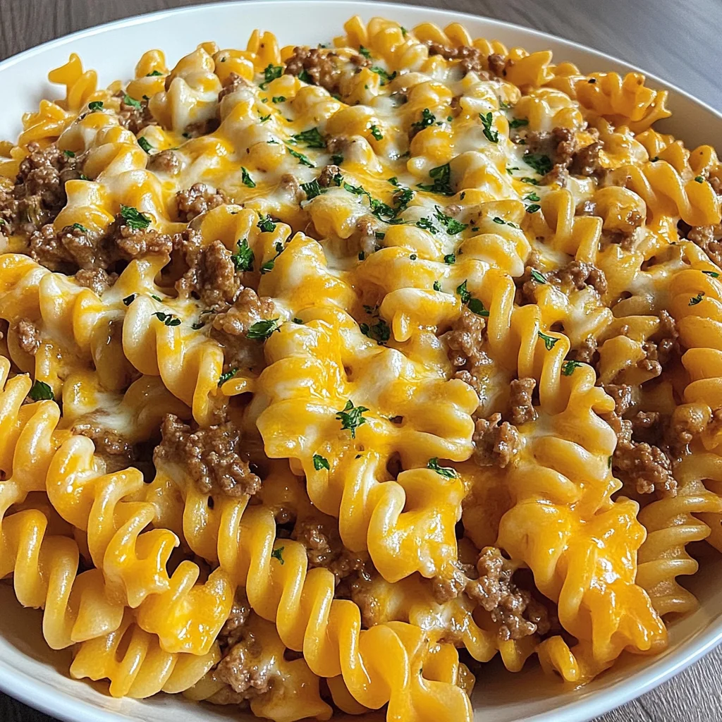 rotini de carne molida en salsa cremosa de queso italiano